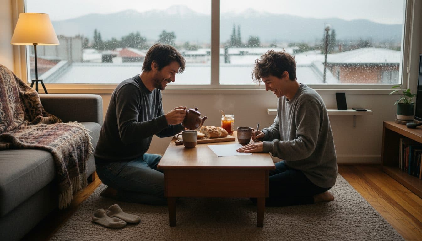 Pareja arrodillada junto a la mesa de centro de un departamento en Santiago un domingo de lluvia, uno sirviendo té y el otro anotando ideas en una hoja